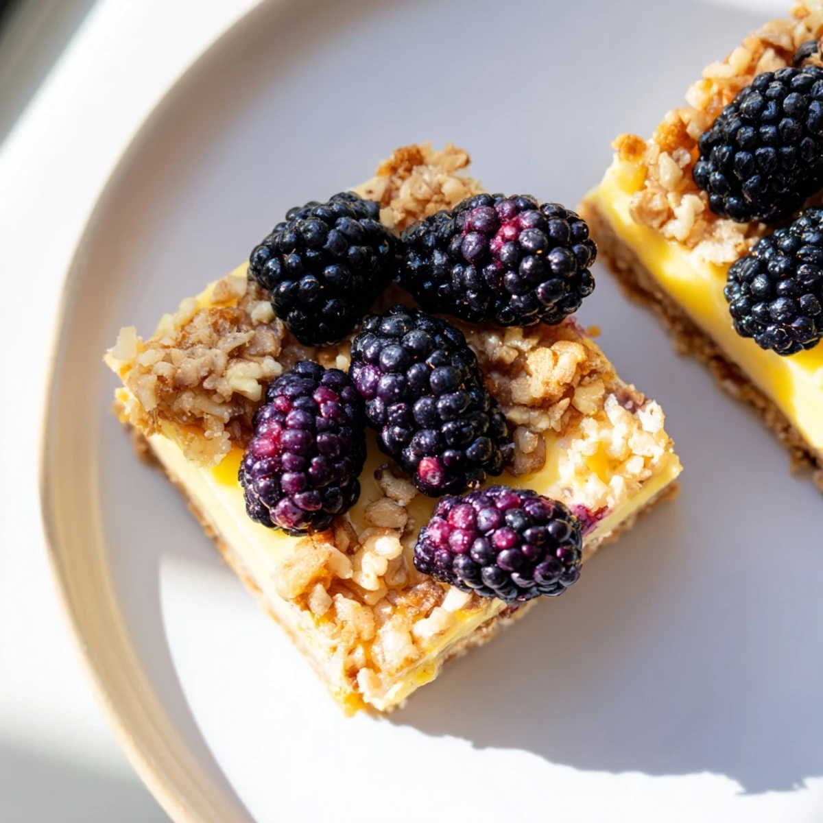 Golden-brown Decadent Lemon Curd and Blueberry Squares, with juicy blueberries atop bright lemon filling.