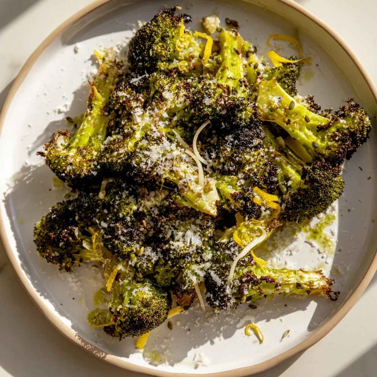 Vibrant green Simple Garlic and Parmesan Roasted Broccoli, ready for dinner with its garlic and Parmesan aroma.