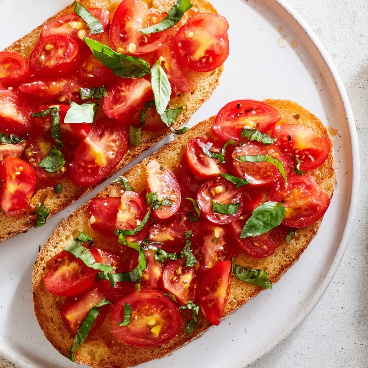 Golden, crispy Simple Homemade Tomato and Basil Flatbread with vibrant tomato slices and fresh basil.