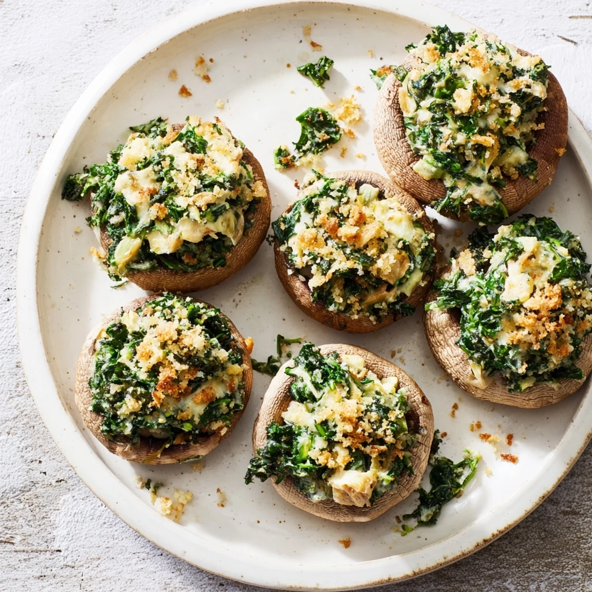 Creamy Spinach and Artichoke Stuffed Mushrooms sit golden-brown on a baking sheet, ready to eat.