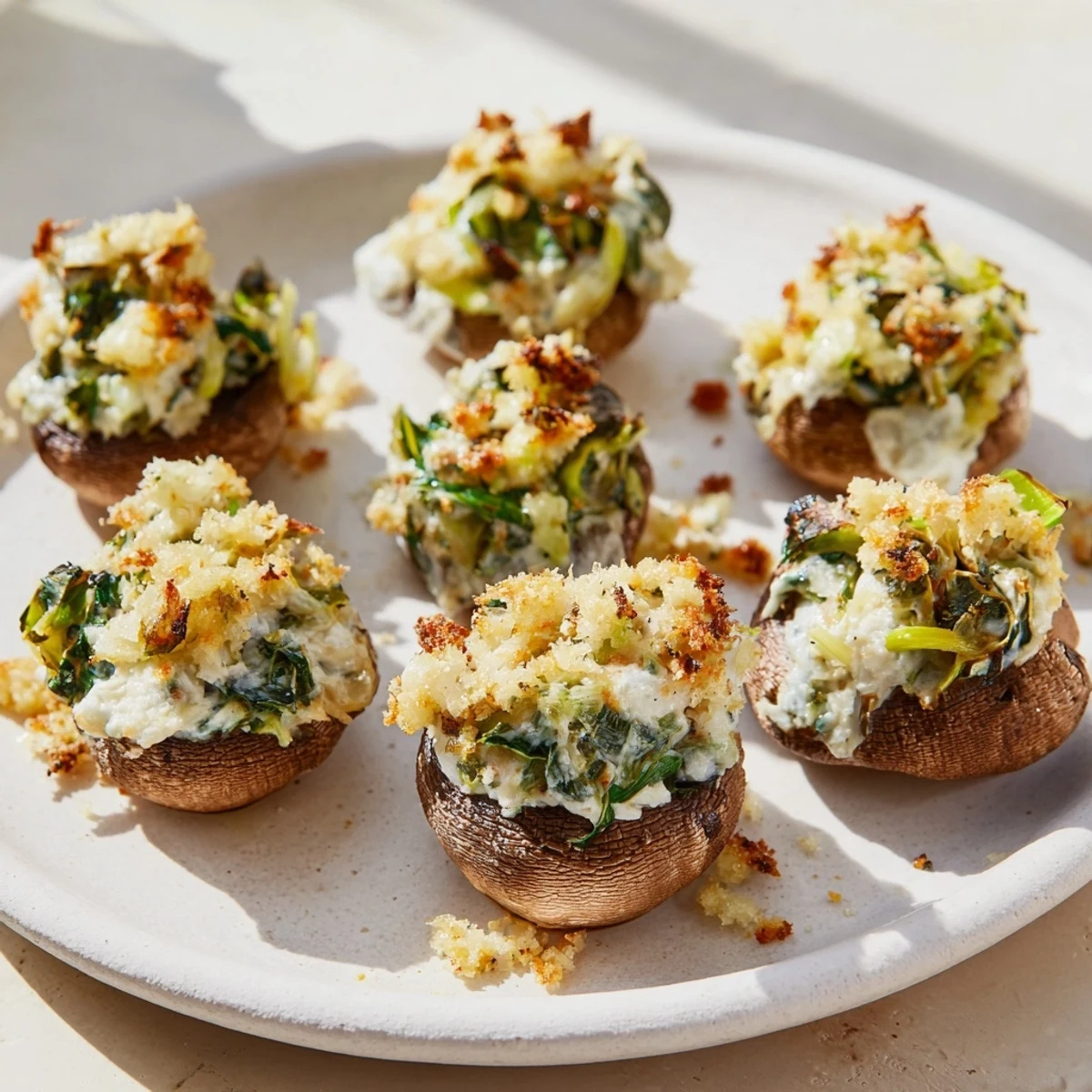 A close-up reveals luscious Creamy Spinach and Artichoke Stuffed Mushrooms fresh from the oven, ready to serve.