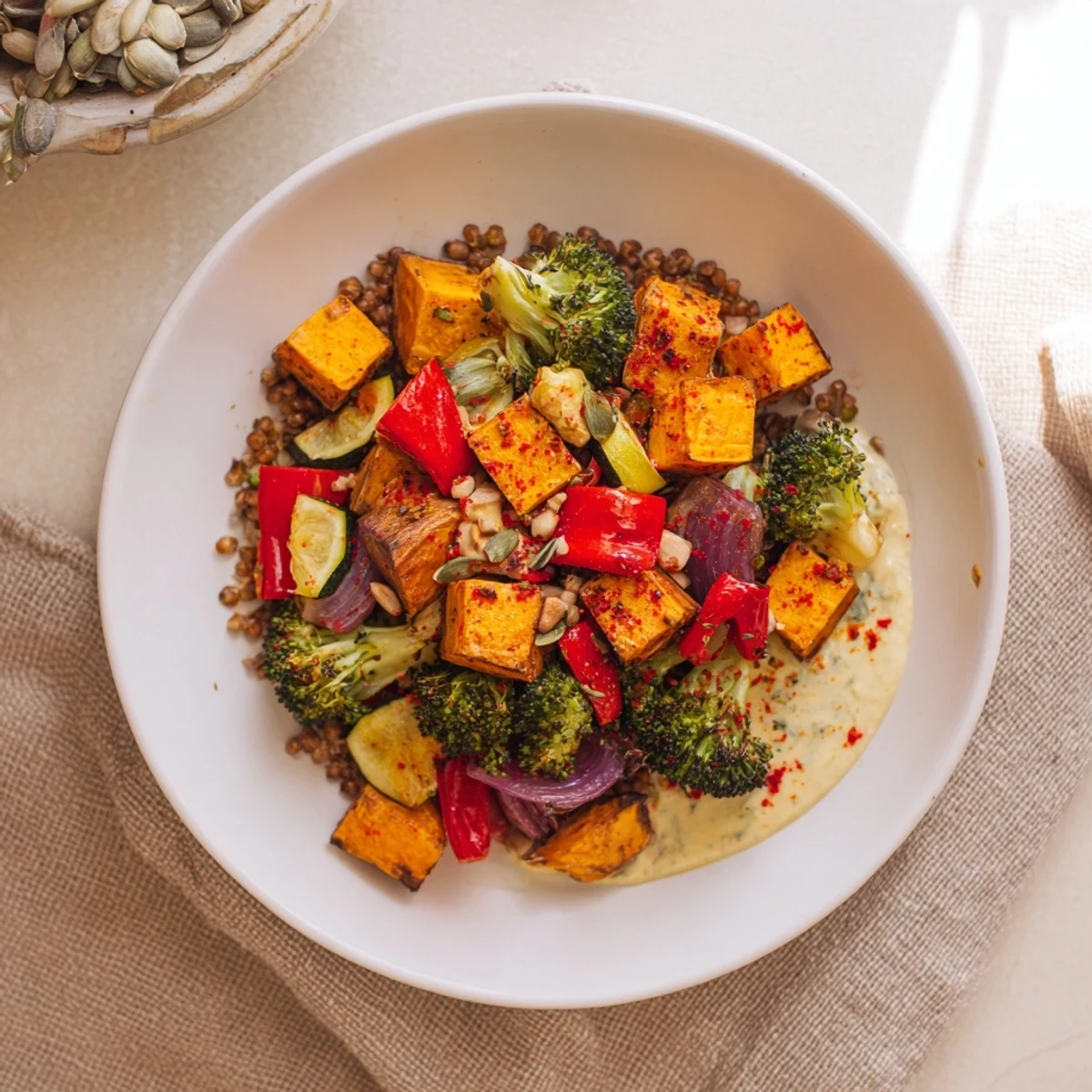 Golden roasted vegetables atop fluffy farro in this delicious Hearty Roasted Vegetable and Farro Grain Bowl.