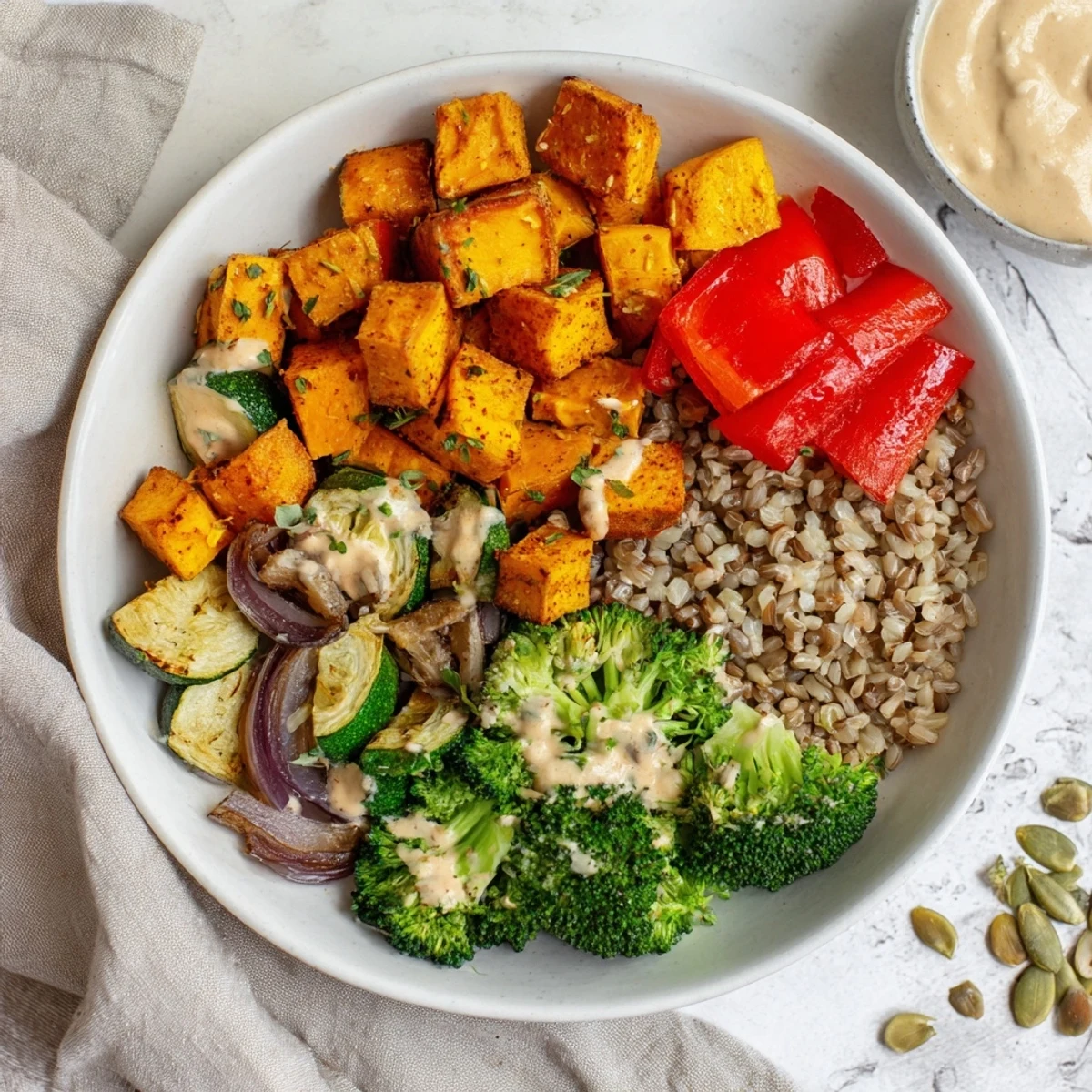 Hearty Roasted Vegetable and Farro Grain Bowl, featuring colorful roasted vegetables, ready to eat.