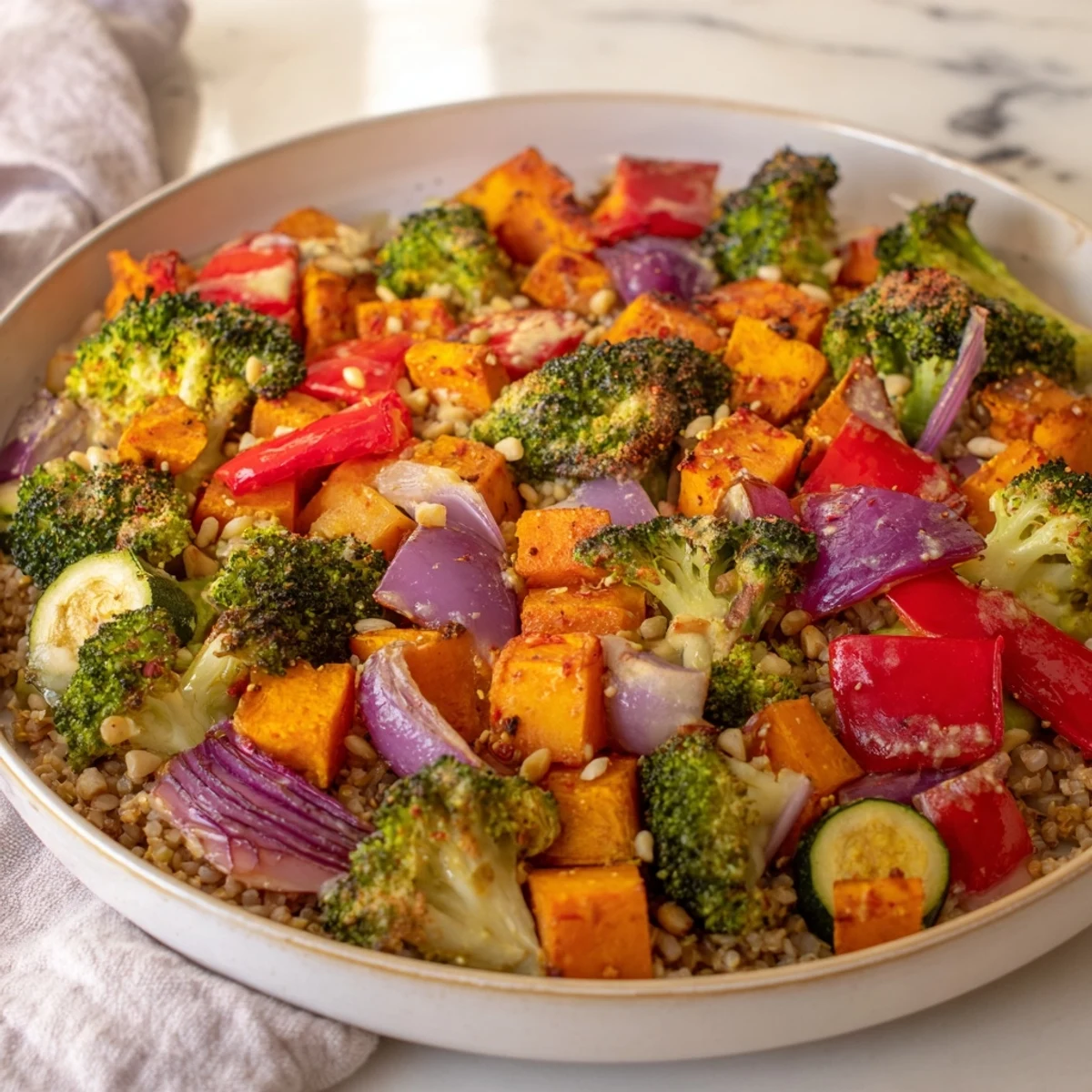 Close-up of a flavorful Hearty Roasted Vegetable and Farro Grain Bowl with a creamy lemon-tahini dressing.