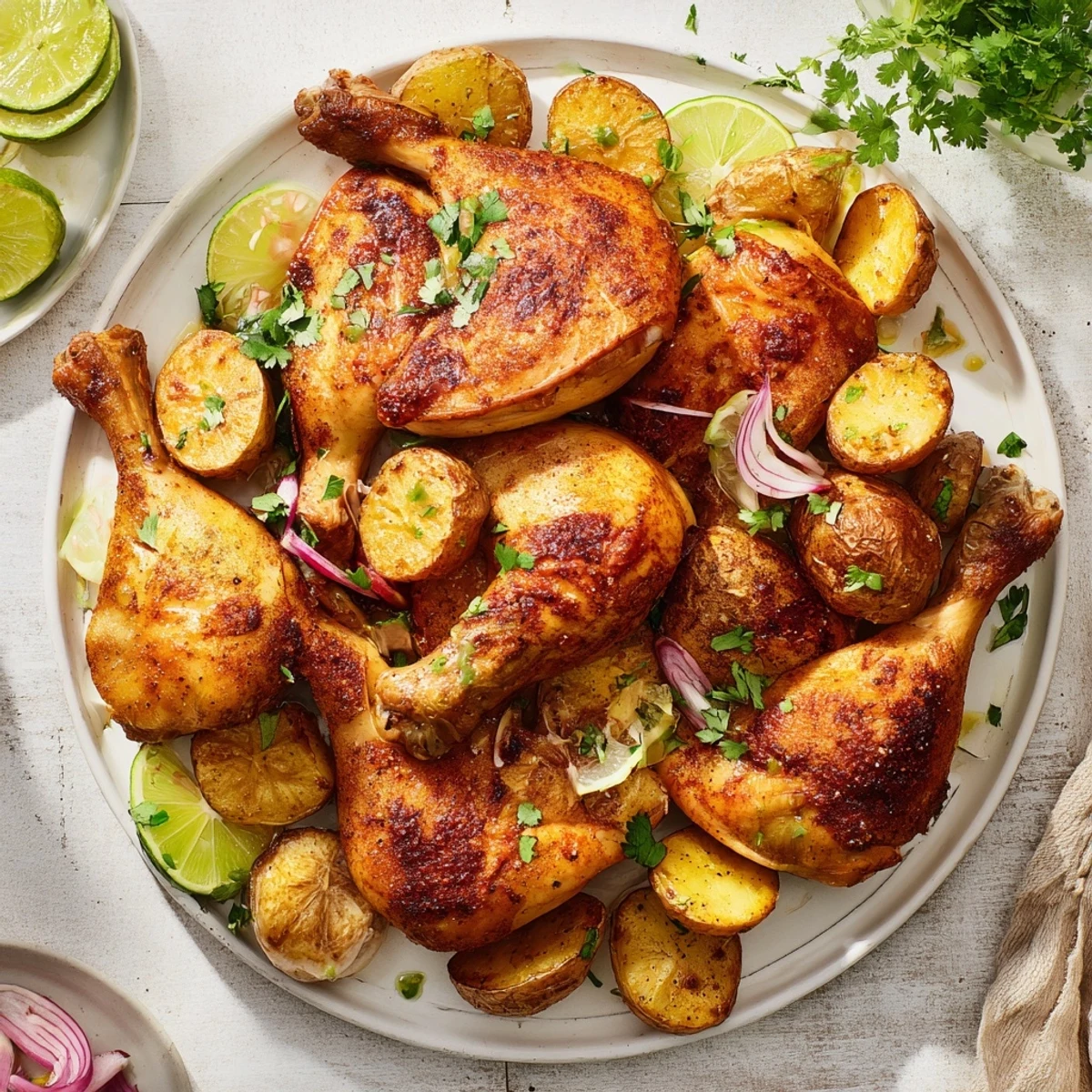 Golden-skinned one-dish baked chicken thighs with lemon, thyme-infused potatoes, ready to serve and enjoy.