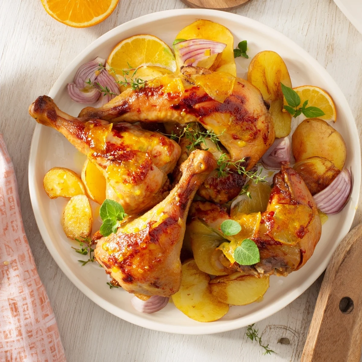 Hot from the oven: a comforting, complete meal of one-dish baked chicken thighs with vibrant yellow lemons.