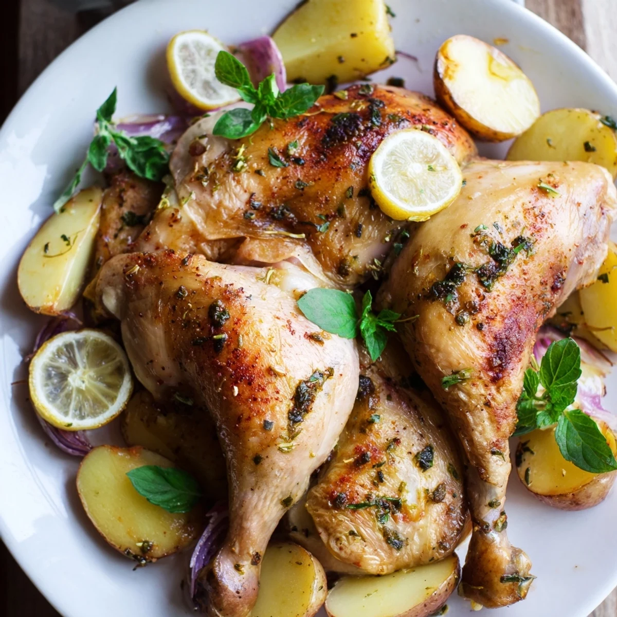 A close-up of flavorful one-dish baked chicken thighs showcasing juicy chicken with golden crispy skin.