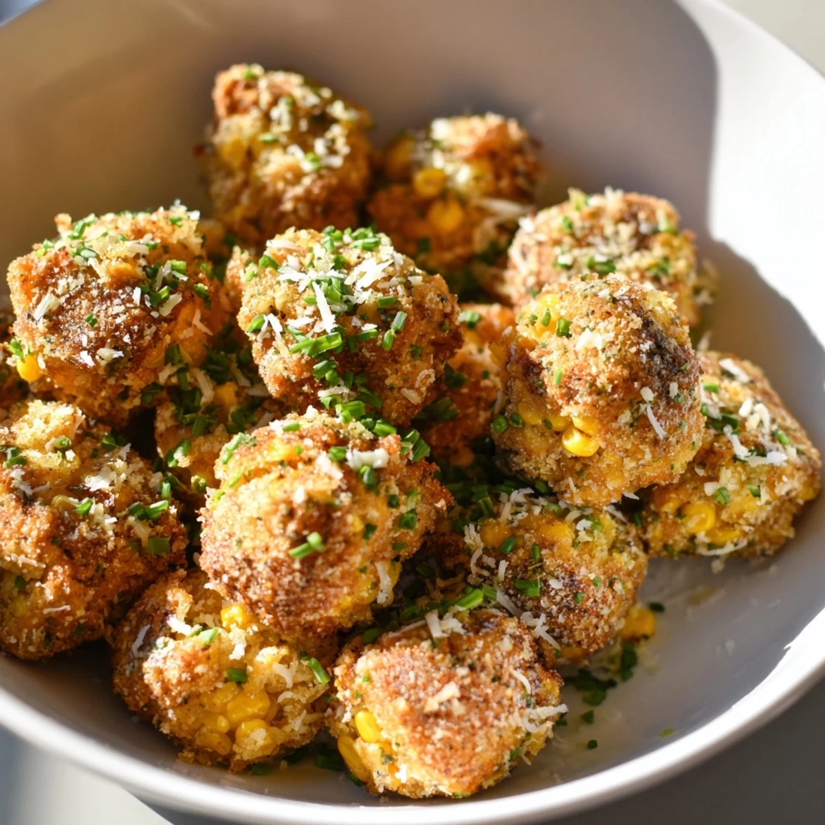 Golden corn and cheddar fritters, crispy and golden brown, are ready to be enjoyed as a snack.