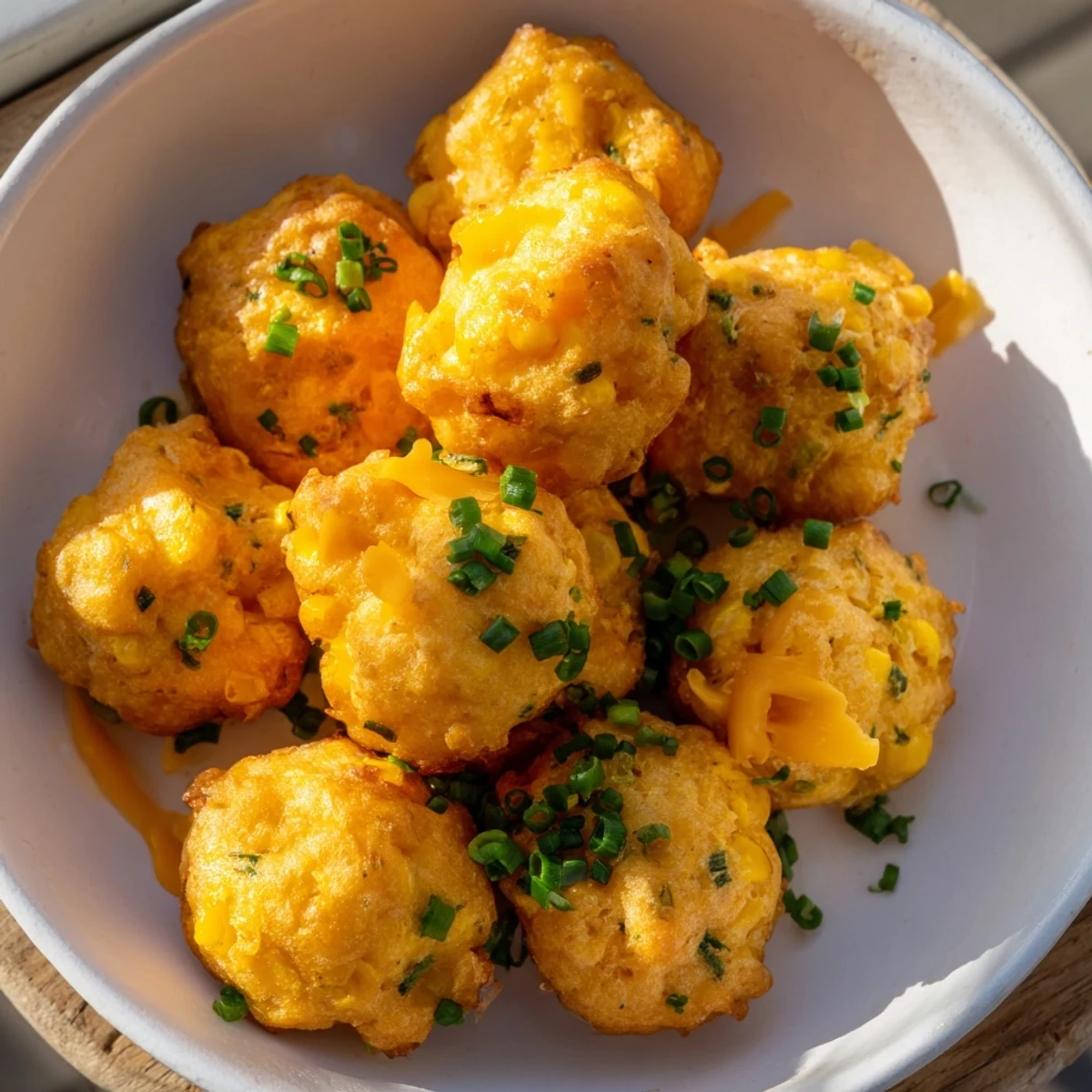 A close-up view of golden corn and cheddar fritters, served on a plate with fresh herbs.