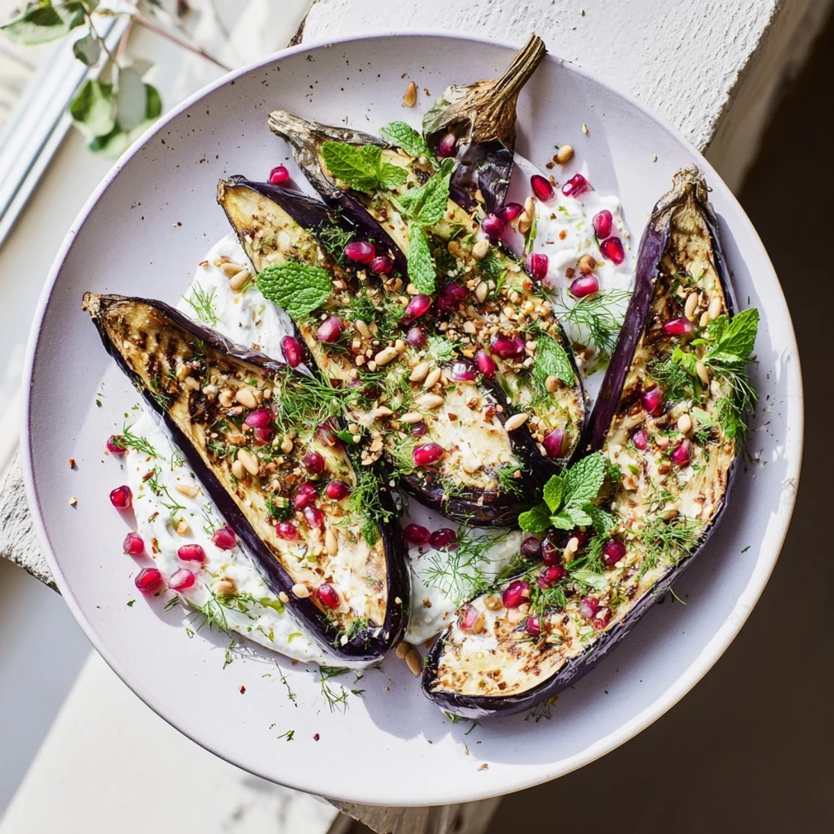 Vibrant photo of roasted eggplant with pomegranate seeds, offering a delicious vegetarian meal.