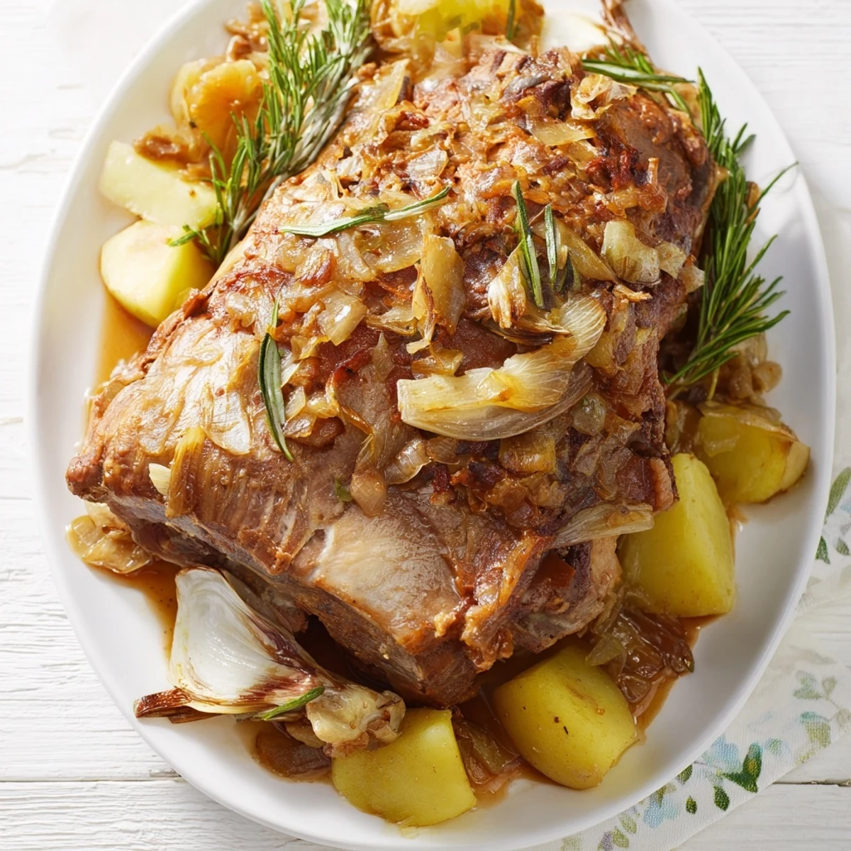 Slow-roasted lamb shanks glistening with rich sauce, seasoned with fresh rosemary and ready to serve.