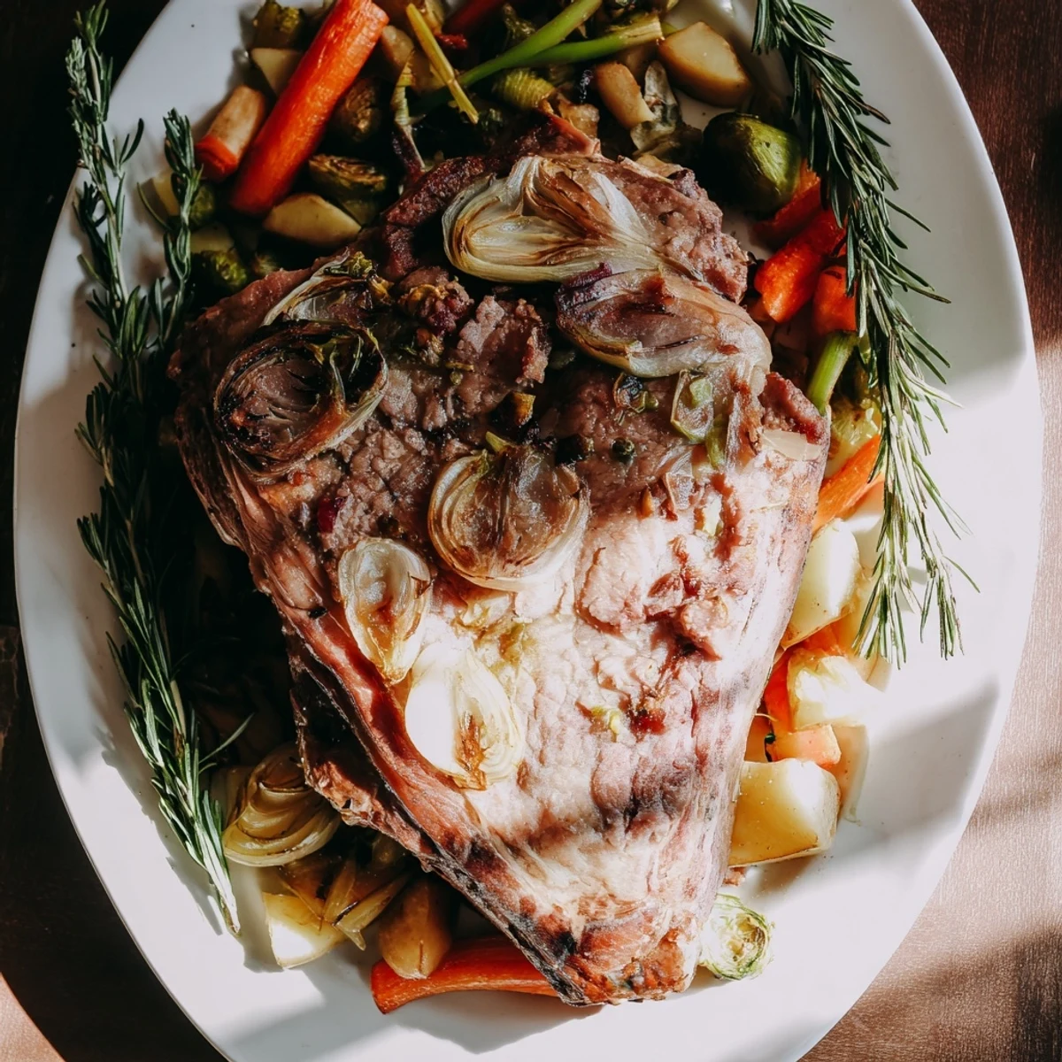 A close-up shot of slow-roasted lamb shanks, showcasing perfectly cooked meat with flavorful, visible herbs.