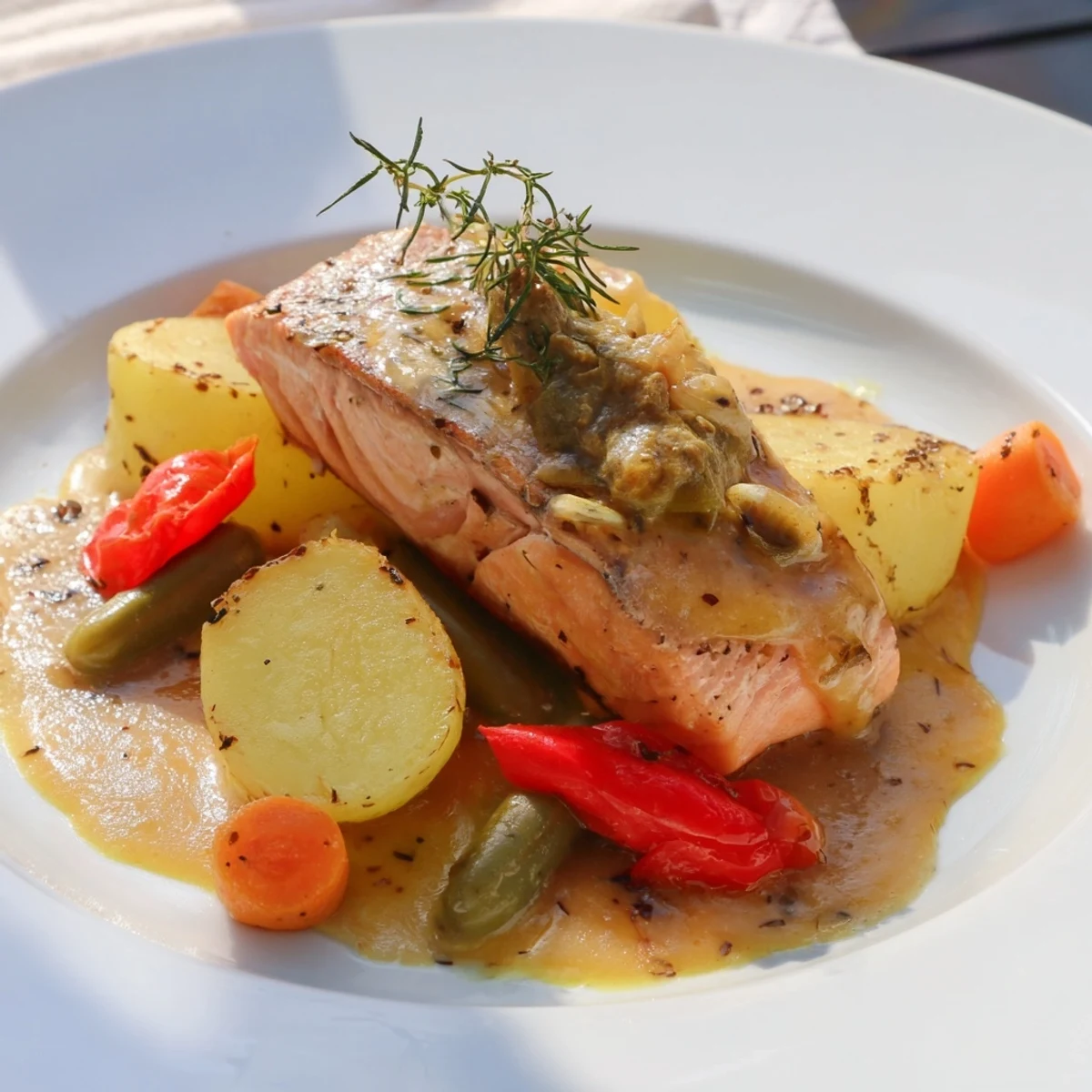 Golden-brown One-Tray Baked Salmon with Honey Mustard Sauce and vibrant roasted vegetables, a complete meal.
