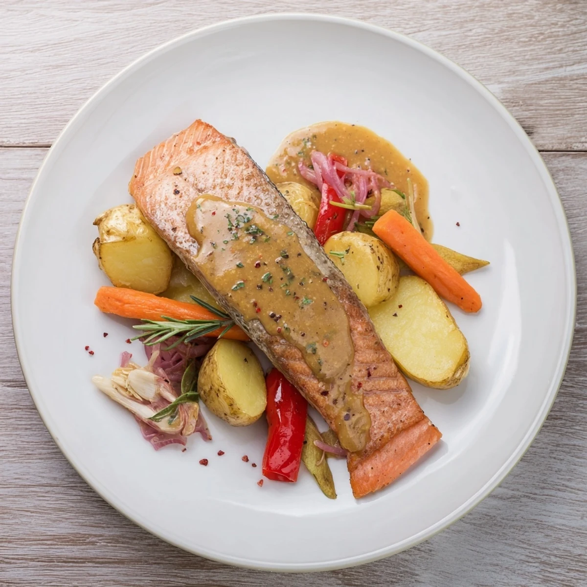 Tender salmon fillets coated in honey mustard sauce atop a tray of colorful veggies, a quick One-Tray meal.