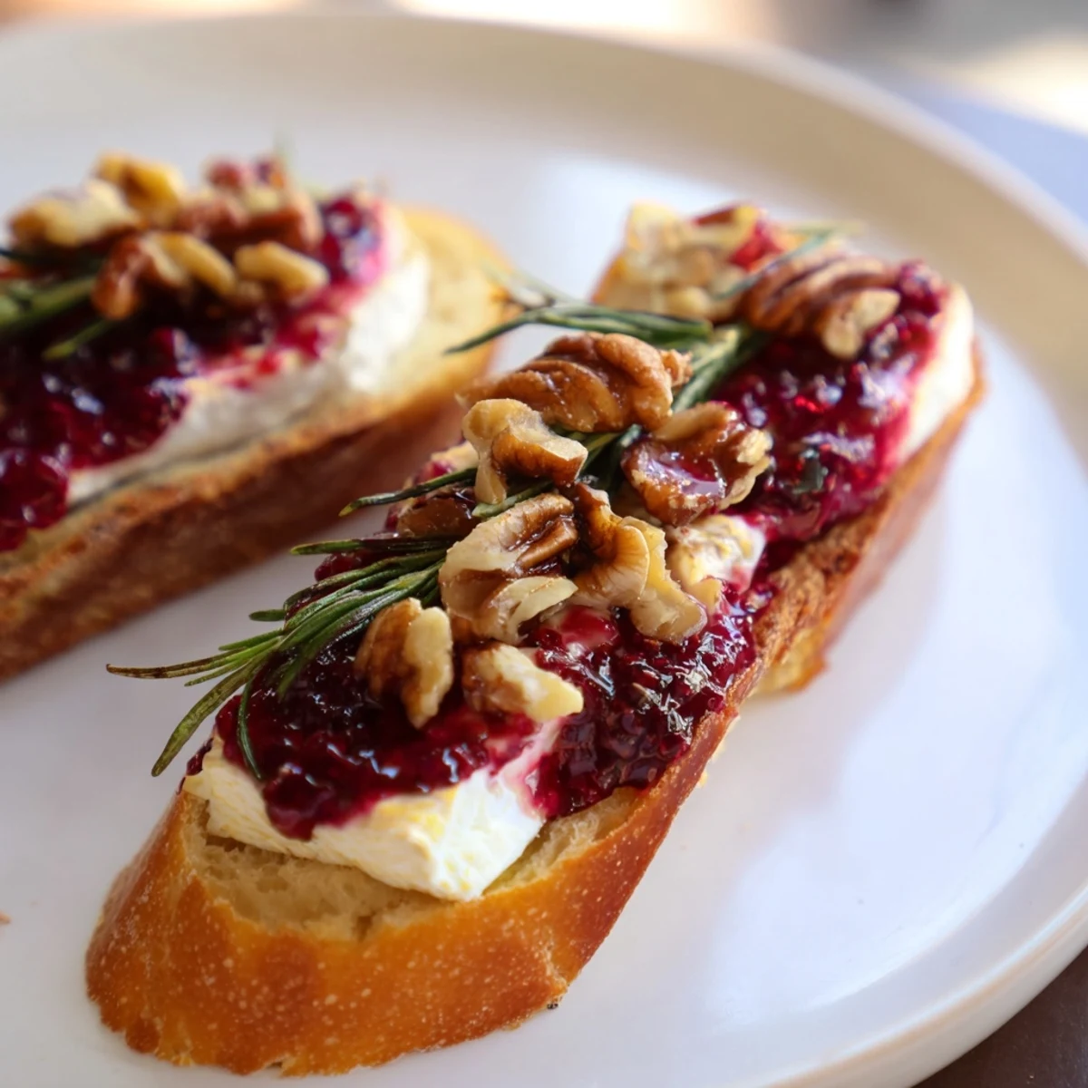 Golden-brown Festive Holiday Cranberry and Brie Crostini, with glistening cranberry topping and melted Brie.