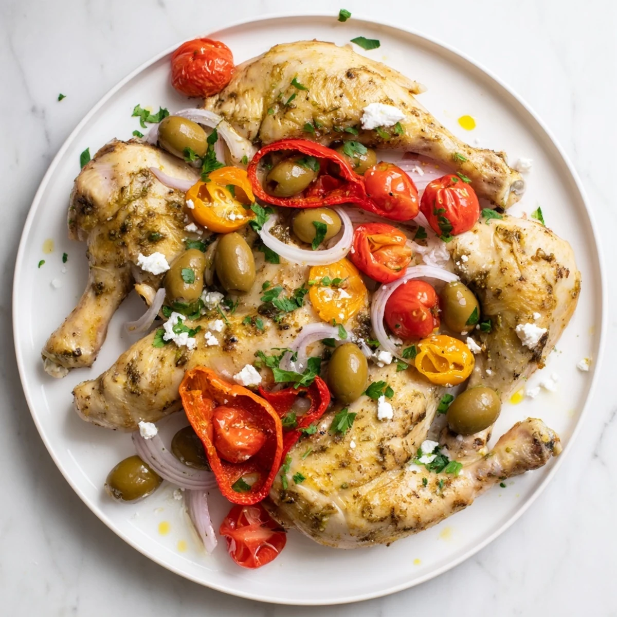 A perfectly roasted Easy Sheet Pan Greek Chicken dish smells aromatic with herbs and flavorful vegetables.