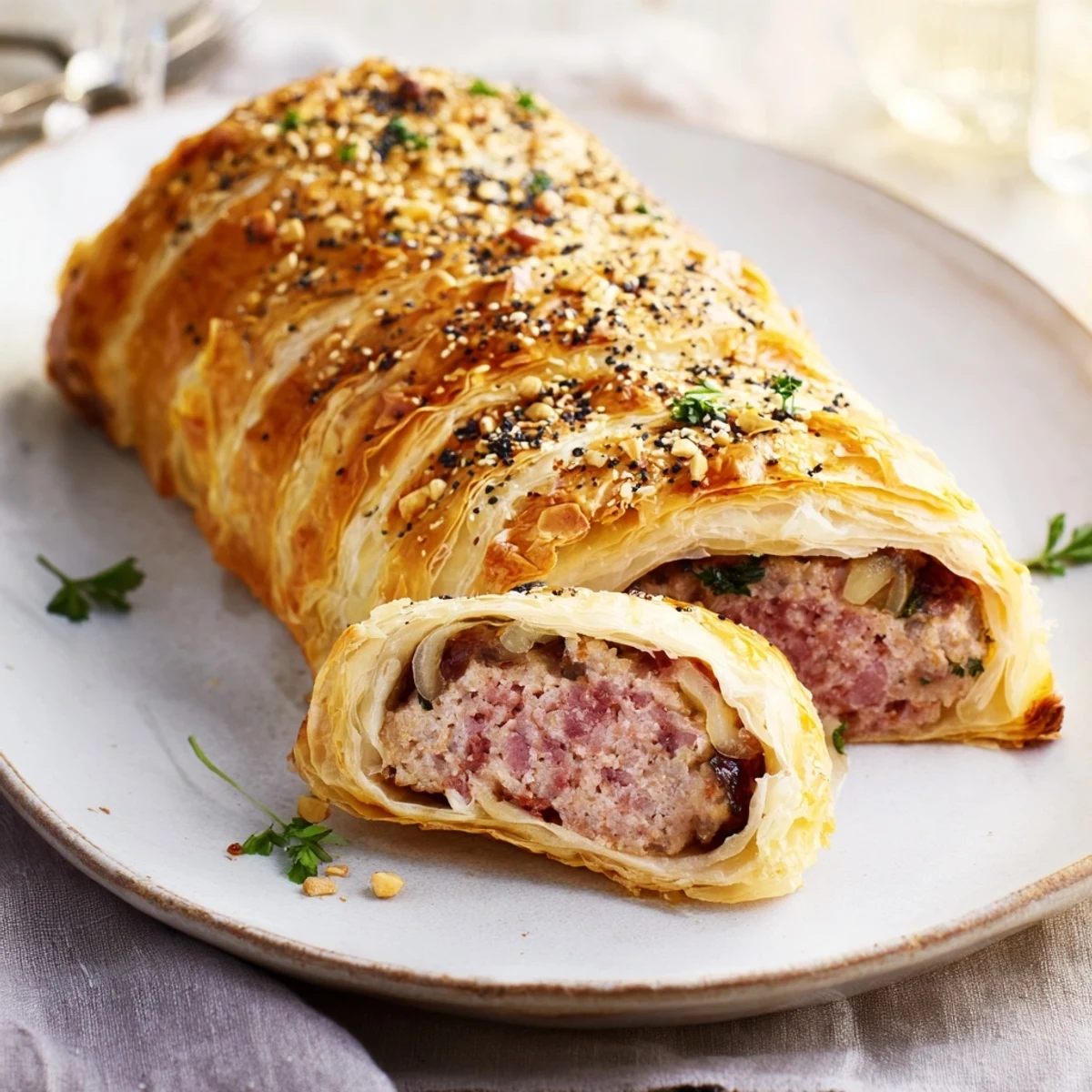 Golden, baked homemade savory sausage rolls, with flaky pastry and flavorful sausage filling, ready to eat.