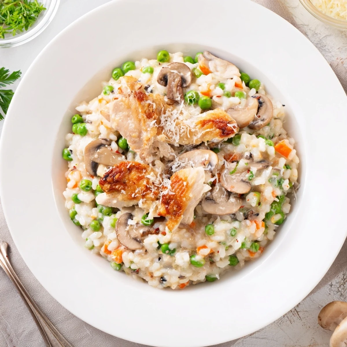 Golden-brown chicken thighs nestled among wild rice and vegetables in this All-in-One Pan Creamy Chicken dish.