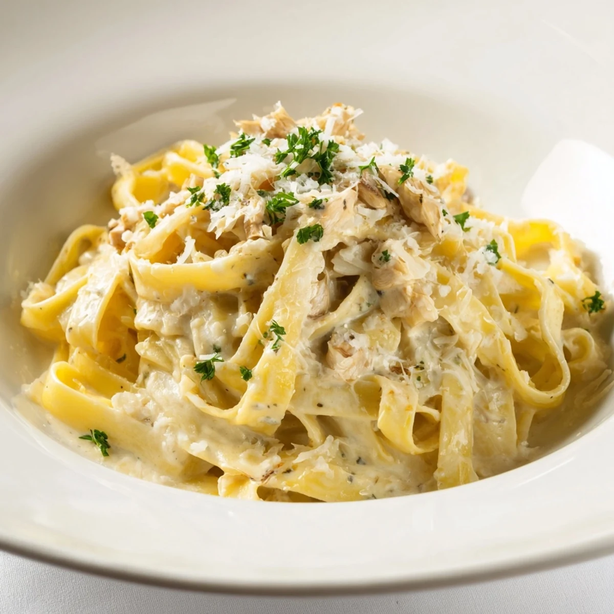 Creamy Alfredo Pasta: a comforting bowl of pasta glistening with Parmesan-infused, luscious sauce.