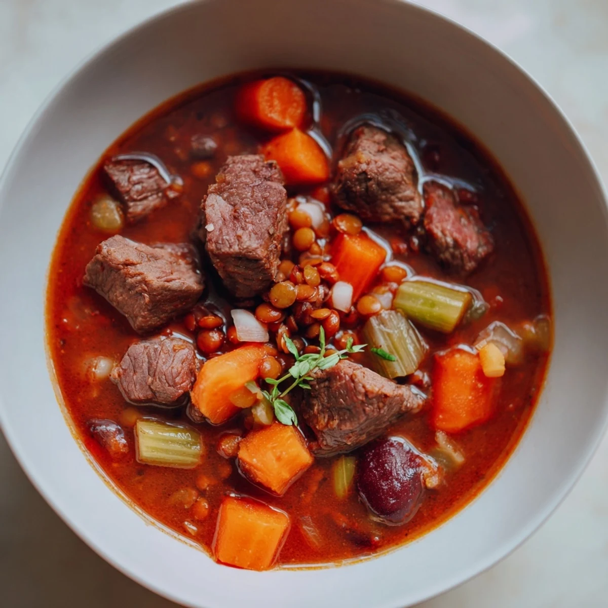 Steaming bowl of One-Pot Spicy Beef and Lentil Soup; a hearty, comforting, and flavorful meal.