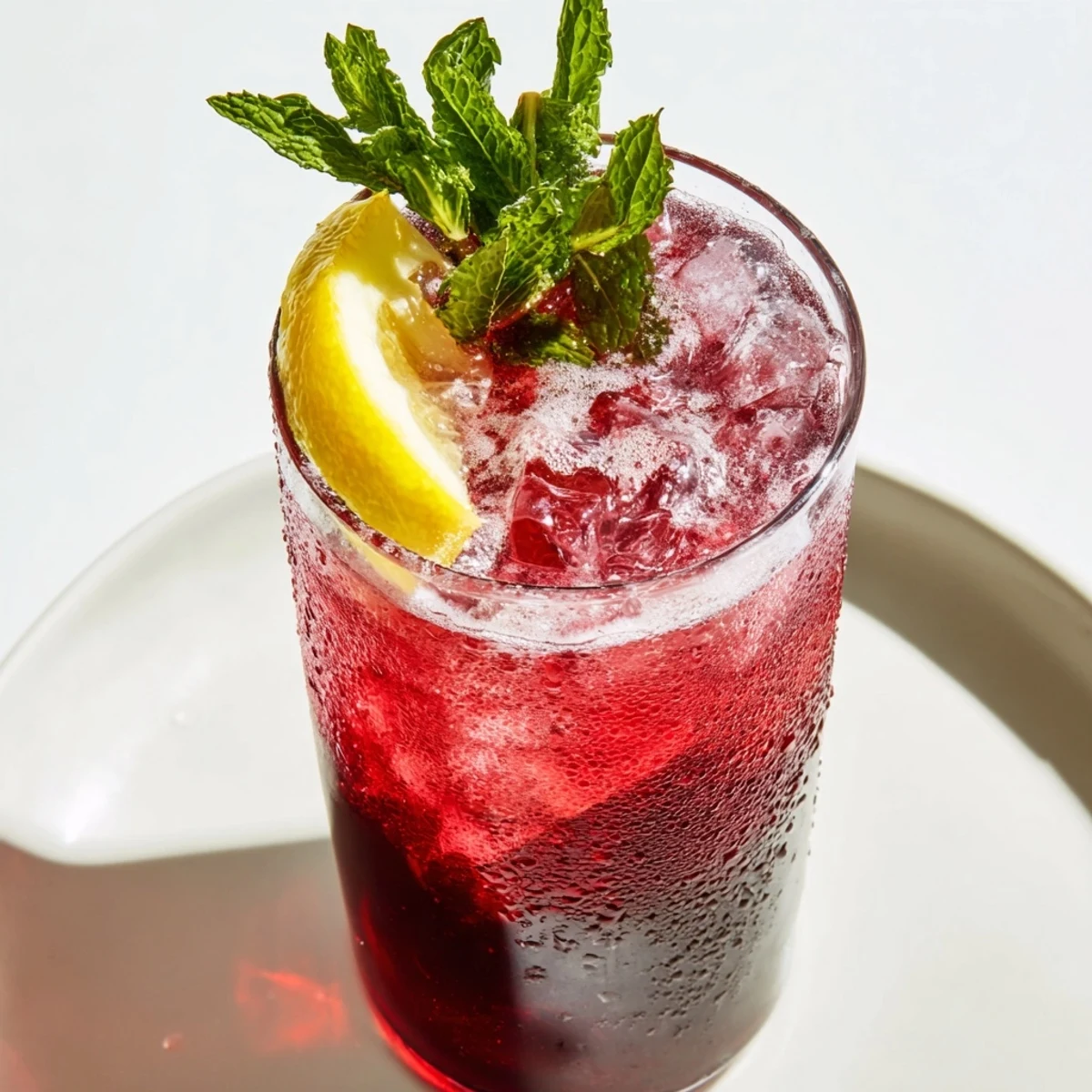 A refreshing Sleepy Girl Cherry Mocktail, garnished with mint and lemon, served over ice.