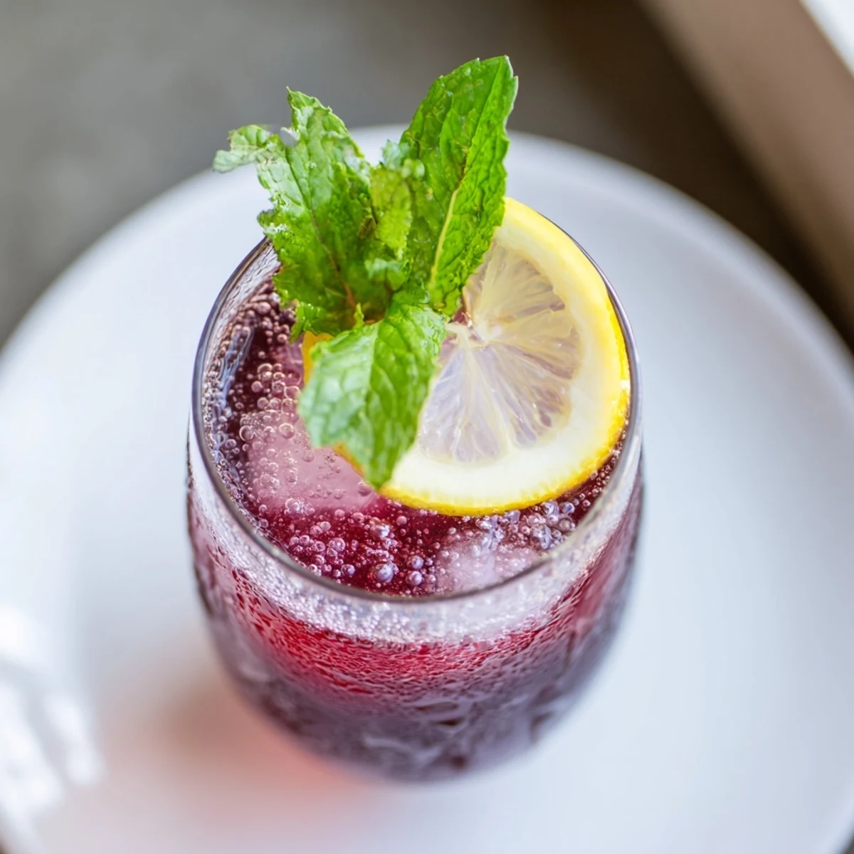 Beautifully crimson Sleepy Girl Cherry Mocktail in a tall glass, perfect for a relaxing night.