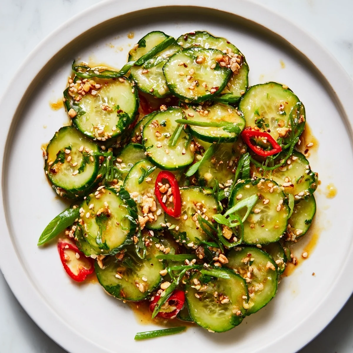 Enjoy a refreshing close-up of this Tangy Shaken Asian-Style Cucumber Salad, perfect for a summer side dish.
