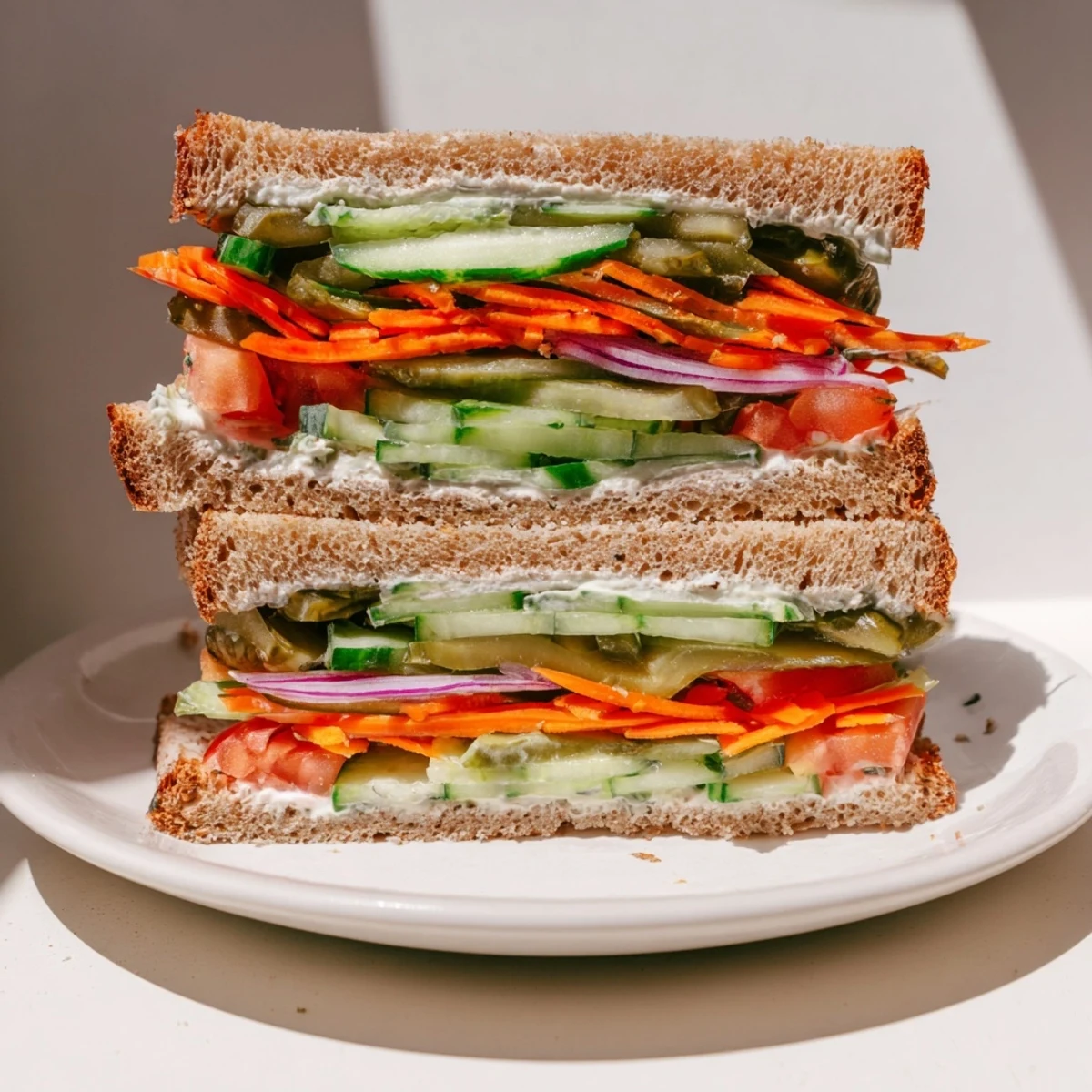 Crunchy dill pickle sandwich, bursting with layers of pickles and fresh veggies, ready to enjoy at lunch.