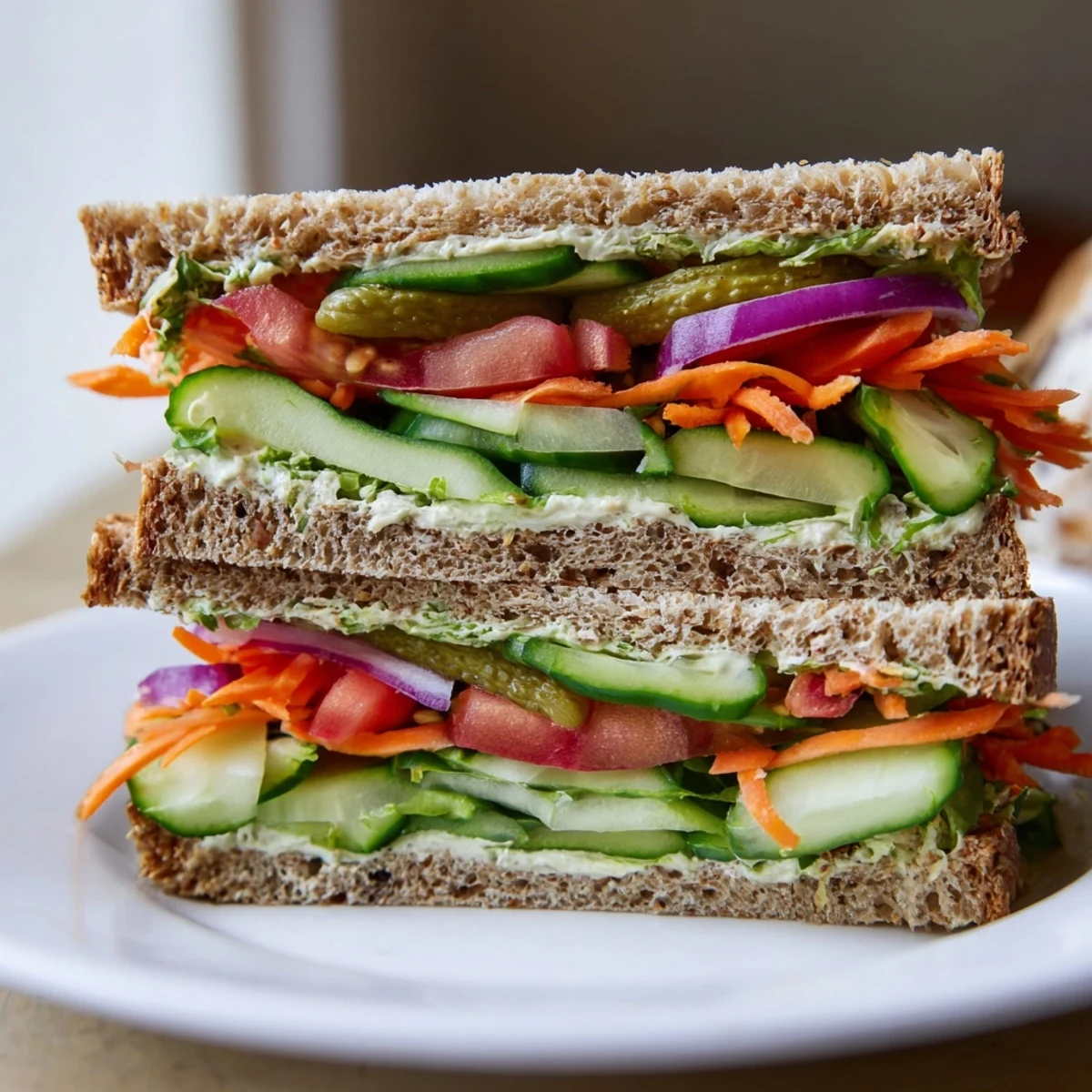 A close-up of a loaded, delicious crunchy dill pickle sandwich boasting visible layers and textures.