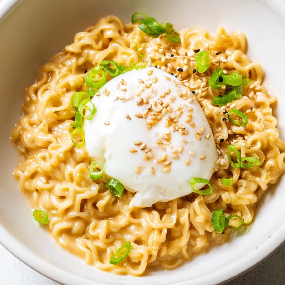 Instant Cheese Ramen Bowl, a warm bowl with a creamy cheese sauce around the noodles.