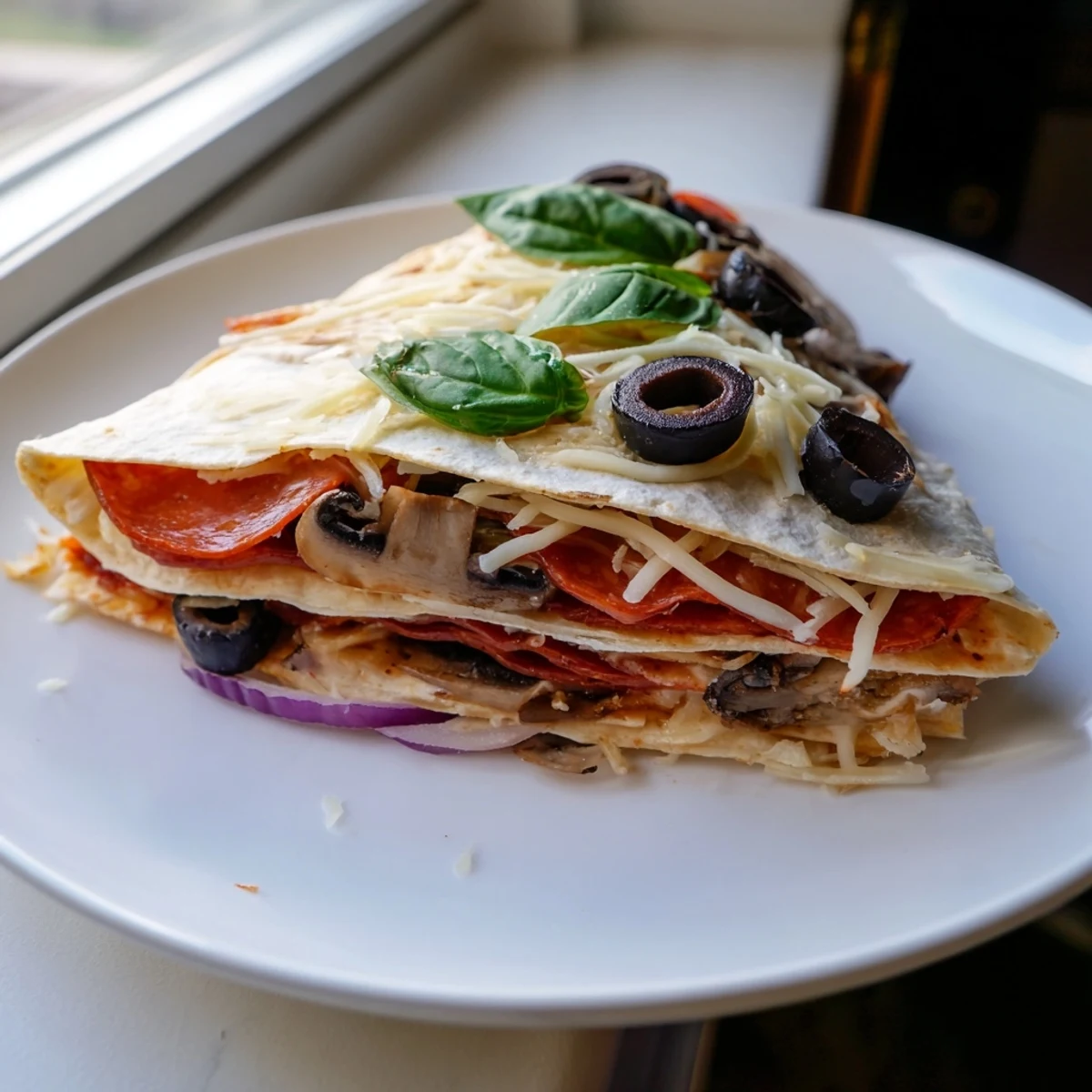 Golden-brown Cheesy Tortilla Pizza Wrap with melted mozzarella and savory toppings, ready to enjoy.