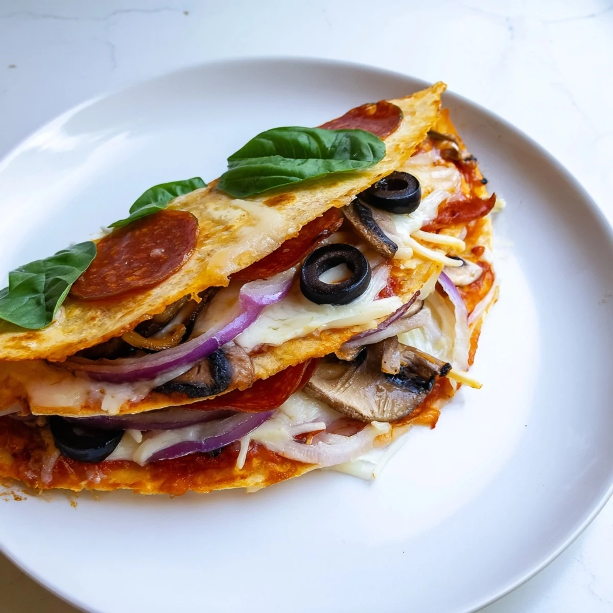 A delicious, folded Cheesy Tortilla Pizza Wrap, showing layers of flavorful ingredients and melted cheese.