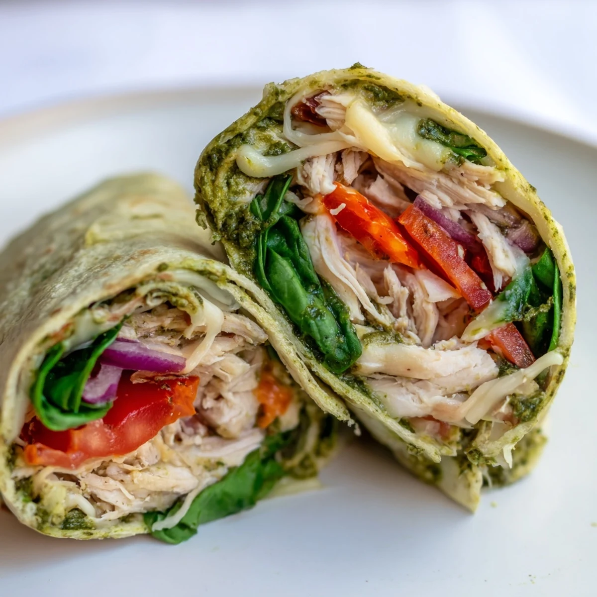 Golden pesto chicken wrap, filled with fresh veggies and melted mozzarella, ready to be enjoyed.