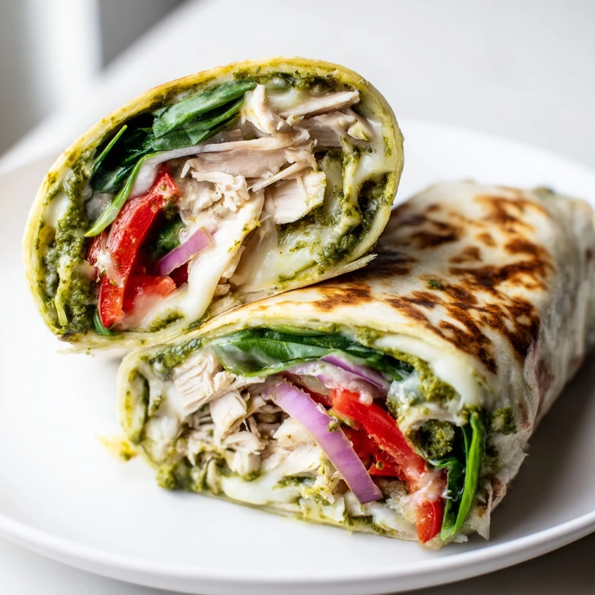 A perfectly assembled pesto chicken wrap, sliced in half, showcasing layers of fresh ingredients.