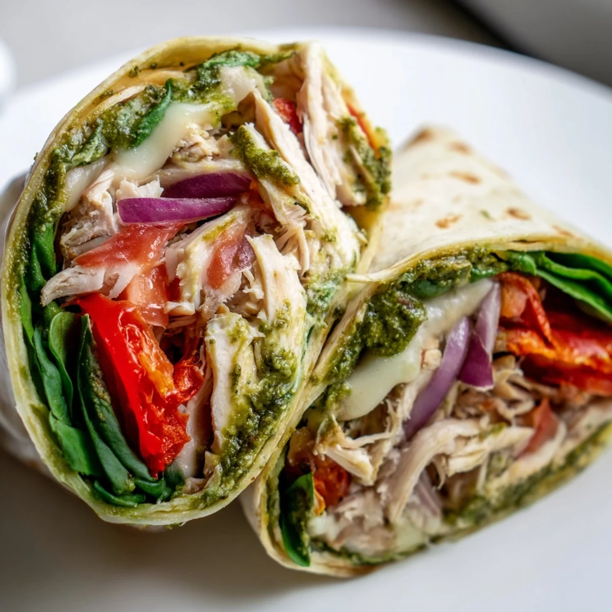 Flavorful pesto chicken wrap featuring vibrant tomatoes and spinach, an easy Mediterranean-American lunch.