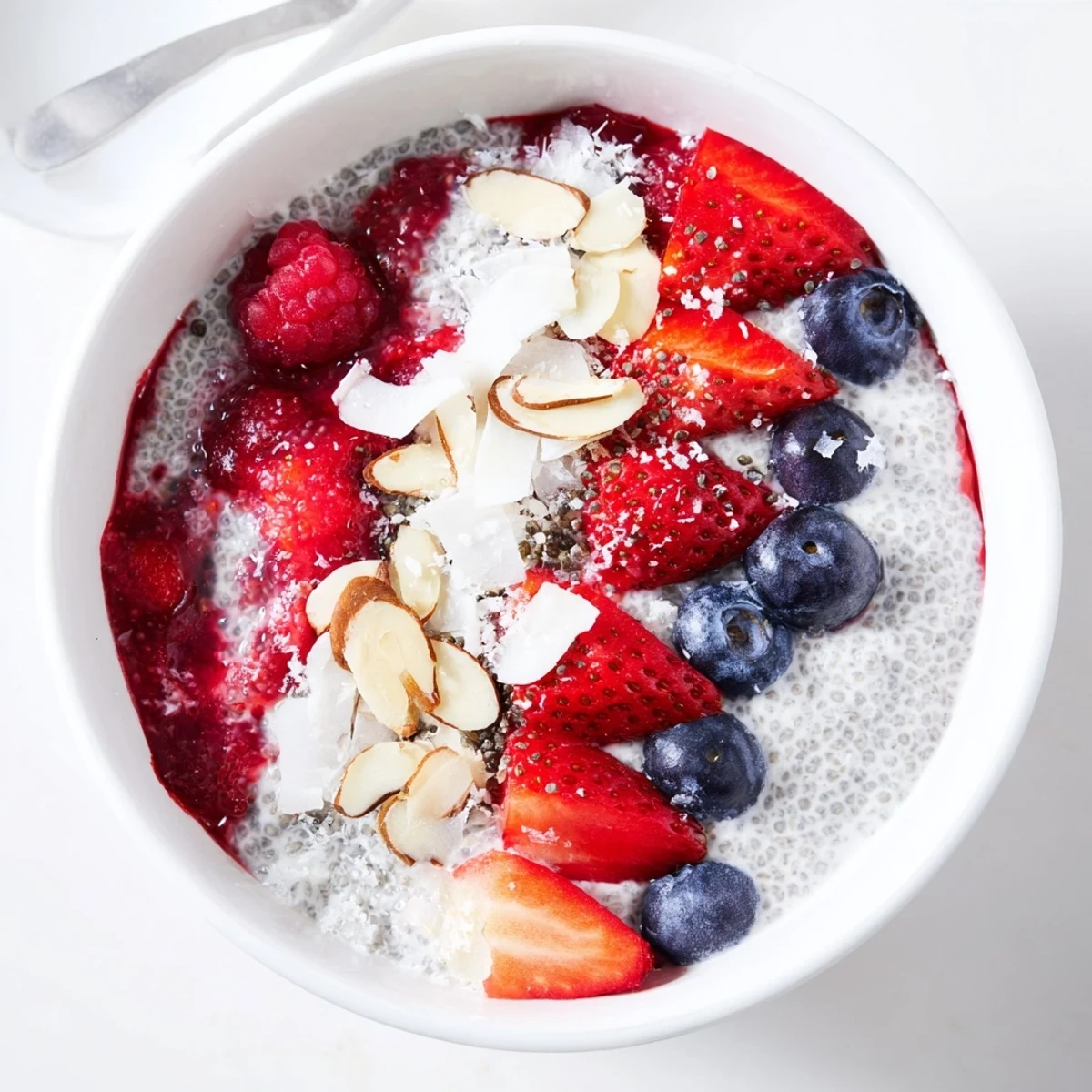 Creamy mixed berry chia pudding, layered with sweet compote and fresh berries, a healthy breakfast.