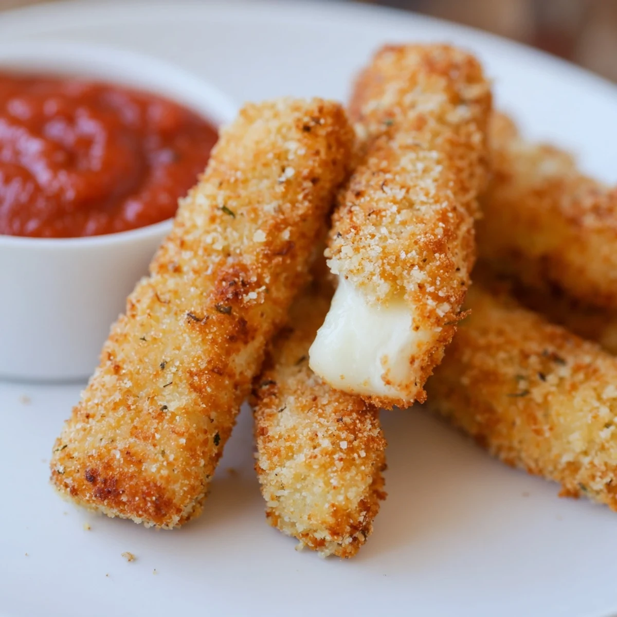 Golden-brown, crispy air fryer mozzarella sticks with a satisfyingly gooey, cheesy interior are ready to eat.