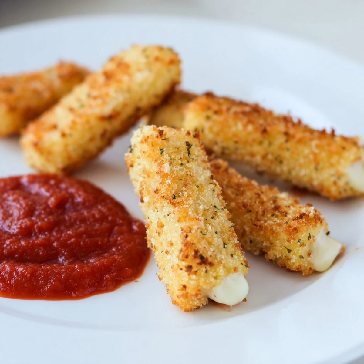 Close-up shot shows melty cheese oozing from crispy, golden air fryer mozzarella sticks, a delicious appetizer.