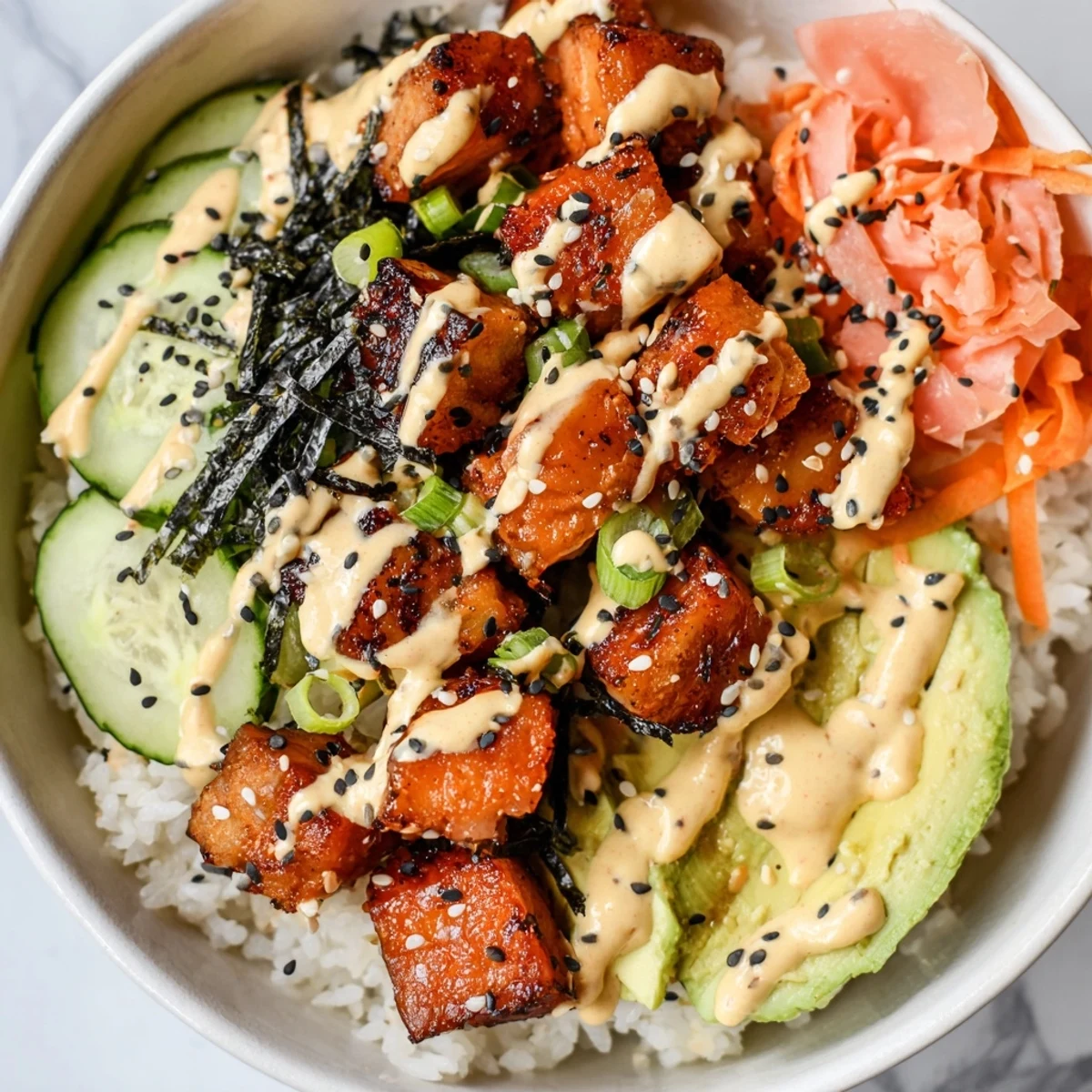 Close-up of a flavorful Salmon Bites Bowl, served over rice with a spicy creamy sauce.