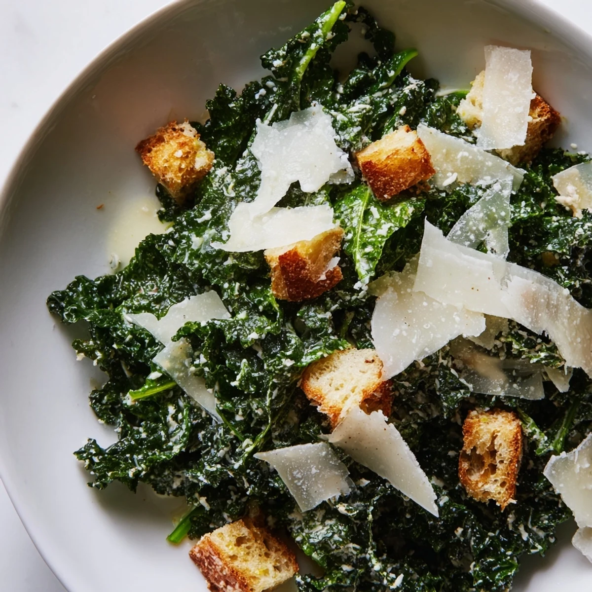 Fresh Kale Caesar Salad with crispy croutons and shaved Parmesan, a delicious vegetarian meal.