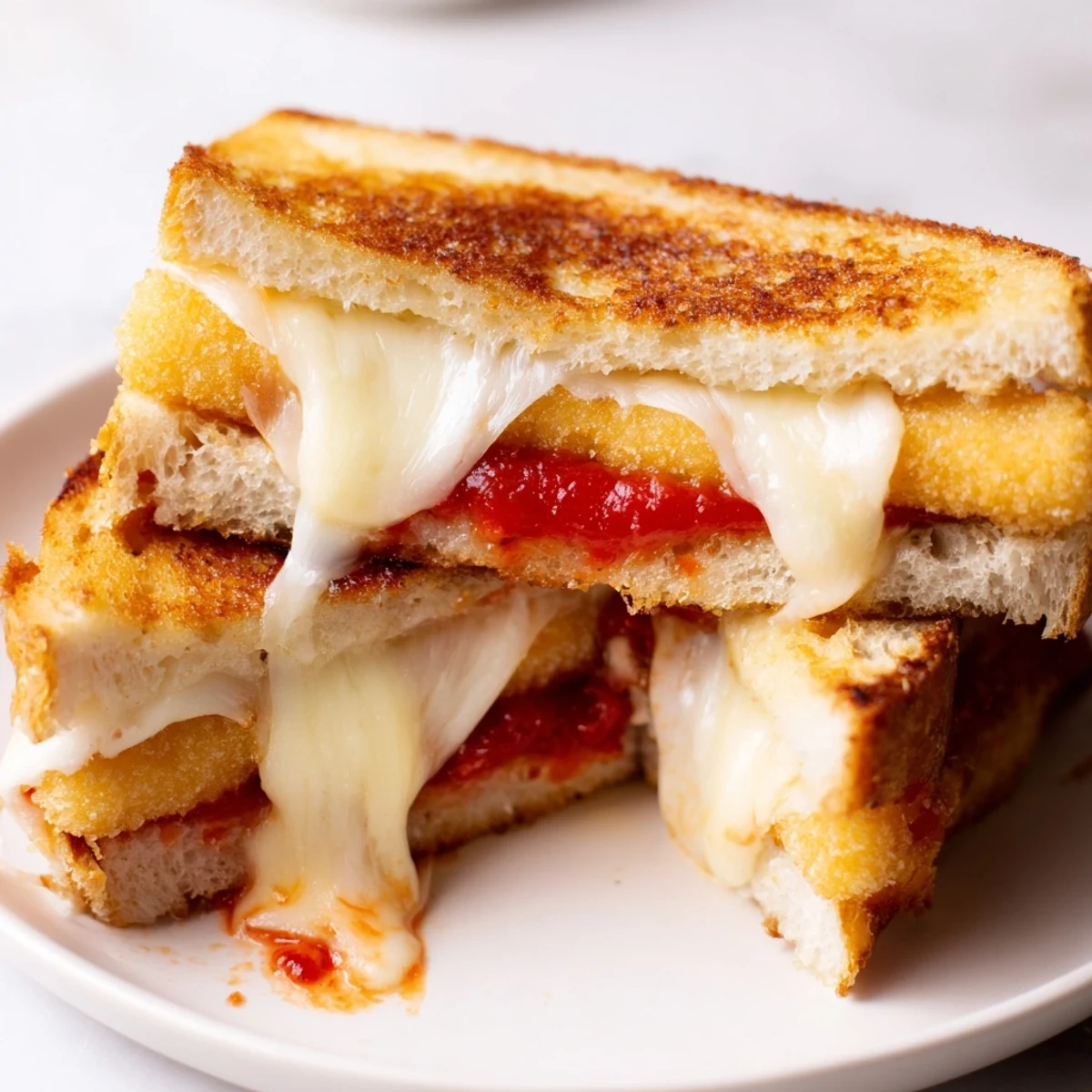 A close-up of a melty, cheesy Mozzarella Stick Grilled Cheese, ready to be dipped and enjoyed.