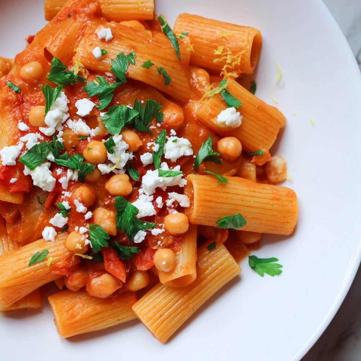 Vibrant harissa chickpea pasta, perfectly al dente, glistening with a spicy tomato sauce and fresh herbs.