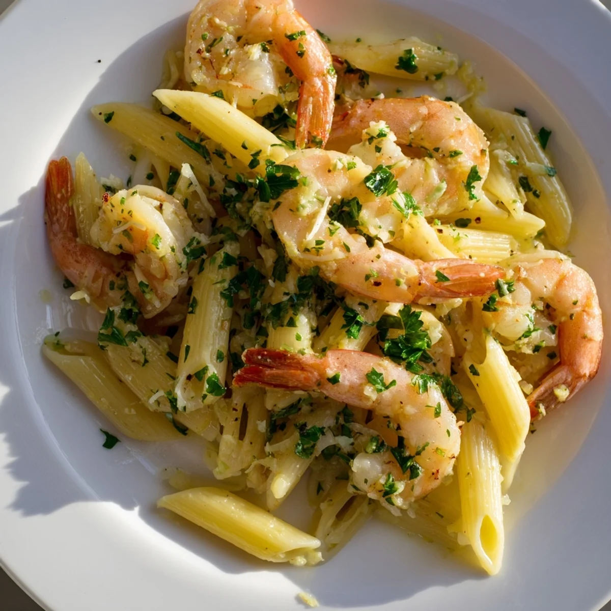 Golden, perfectly cooked Garlic Shrimp Penne, garnished with fresh parsley and Parmesan cheese, ready to eat.