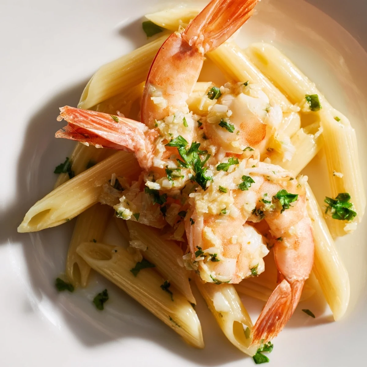 A close-up of creamy Garlic Shrimp Penne, showing tender shrimp and savory garlic butter sauce.