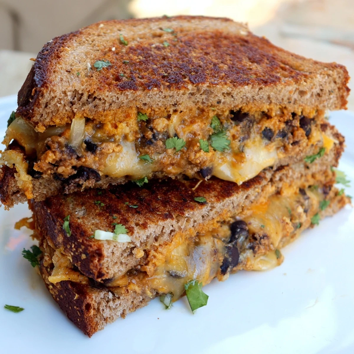 Steaming, cheesy Black Bean Grilled Cheese, golden brown and enticing, ready to be sliced and enjoyed.