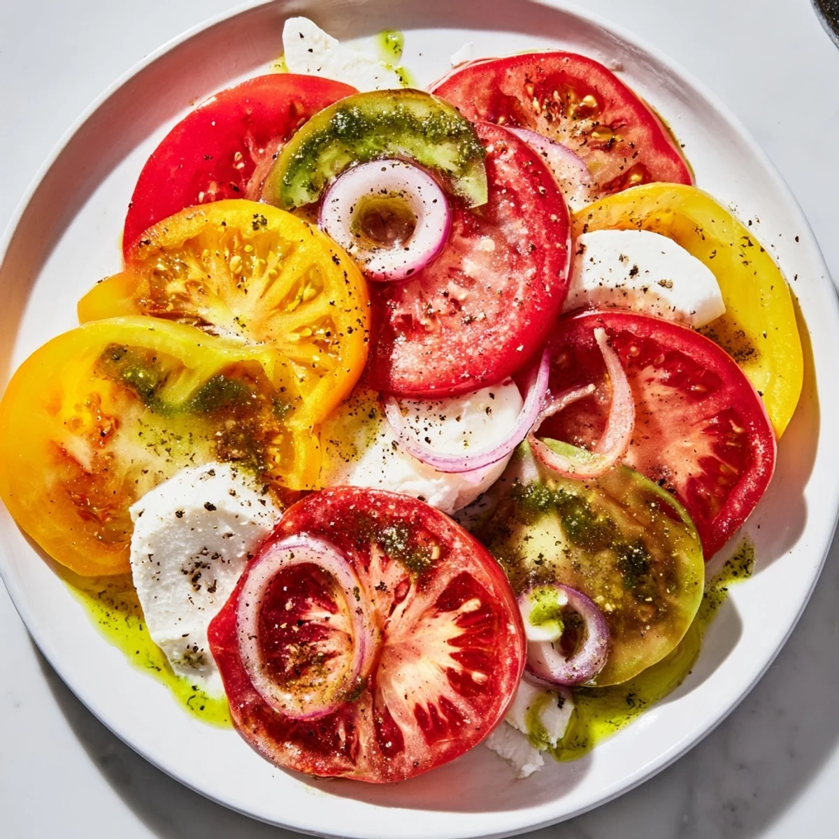 Bright red and yellow heirloom tomatoes in this summer tomato salad, topped with creamy mozzarella.