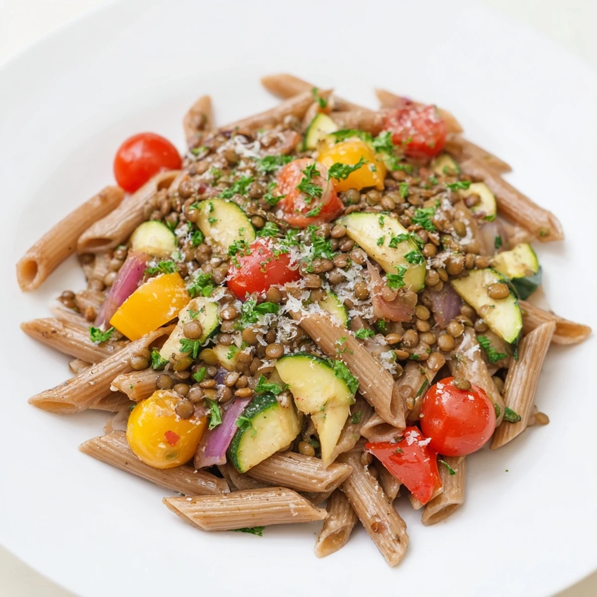 Tender Lentil Pasta with Vegetables, perfectly roasted for a flavorful Mediterranean dinner, ready to serve.