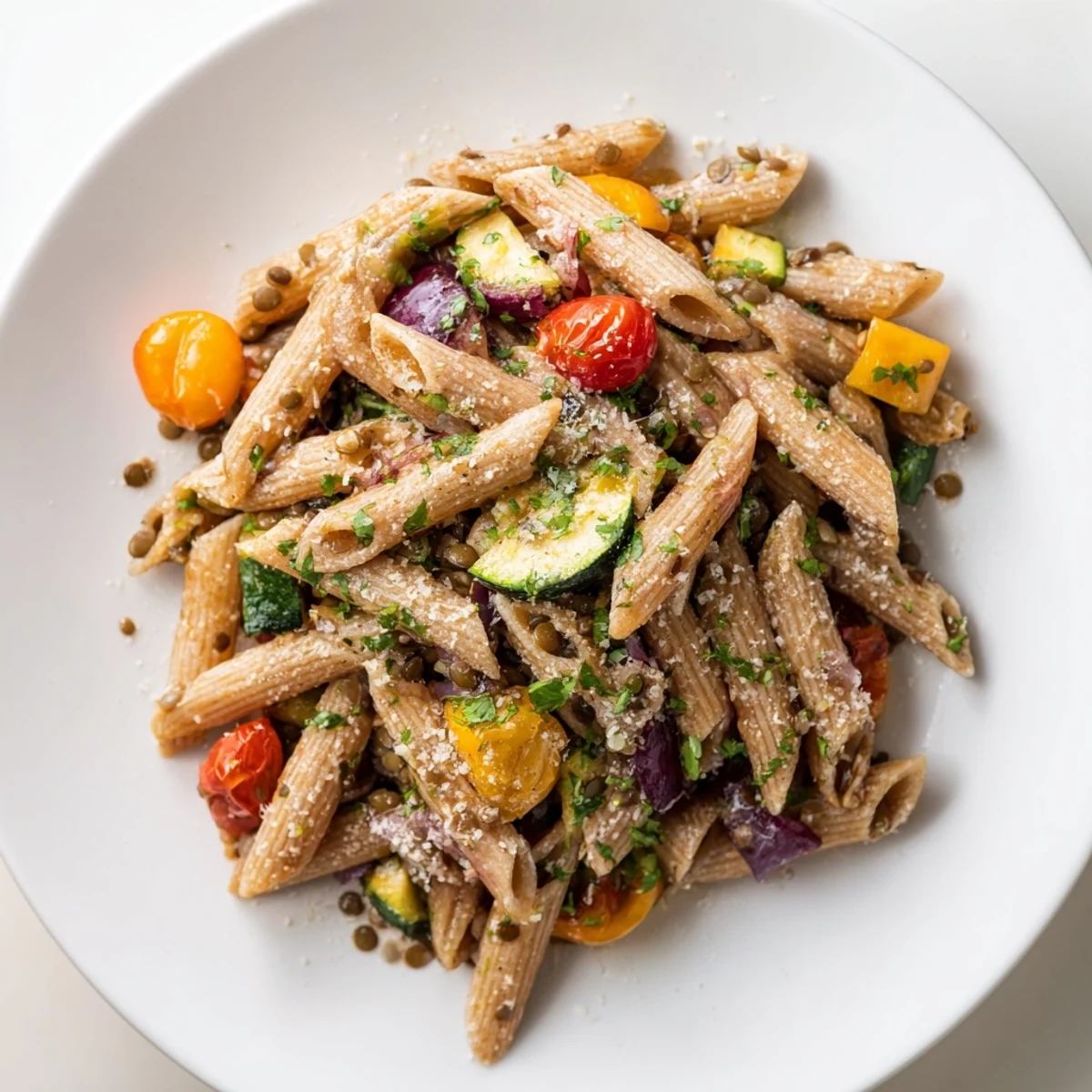 A colorful plate of Lentil Pasta with Vegetables, with vibrant roasted bell peppers and zucchini, smells delicious.