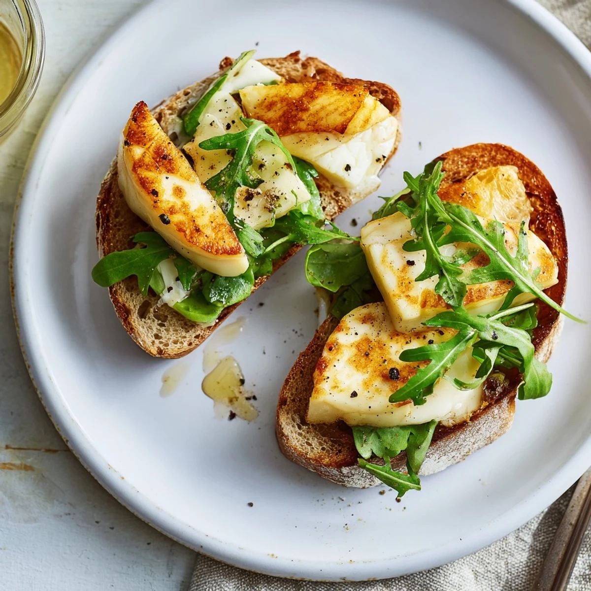 A close-up shot of a perfectly grilled Crispy Halloumi Grilled Cheese, ready for devouring.