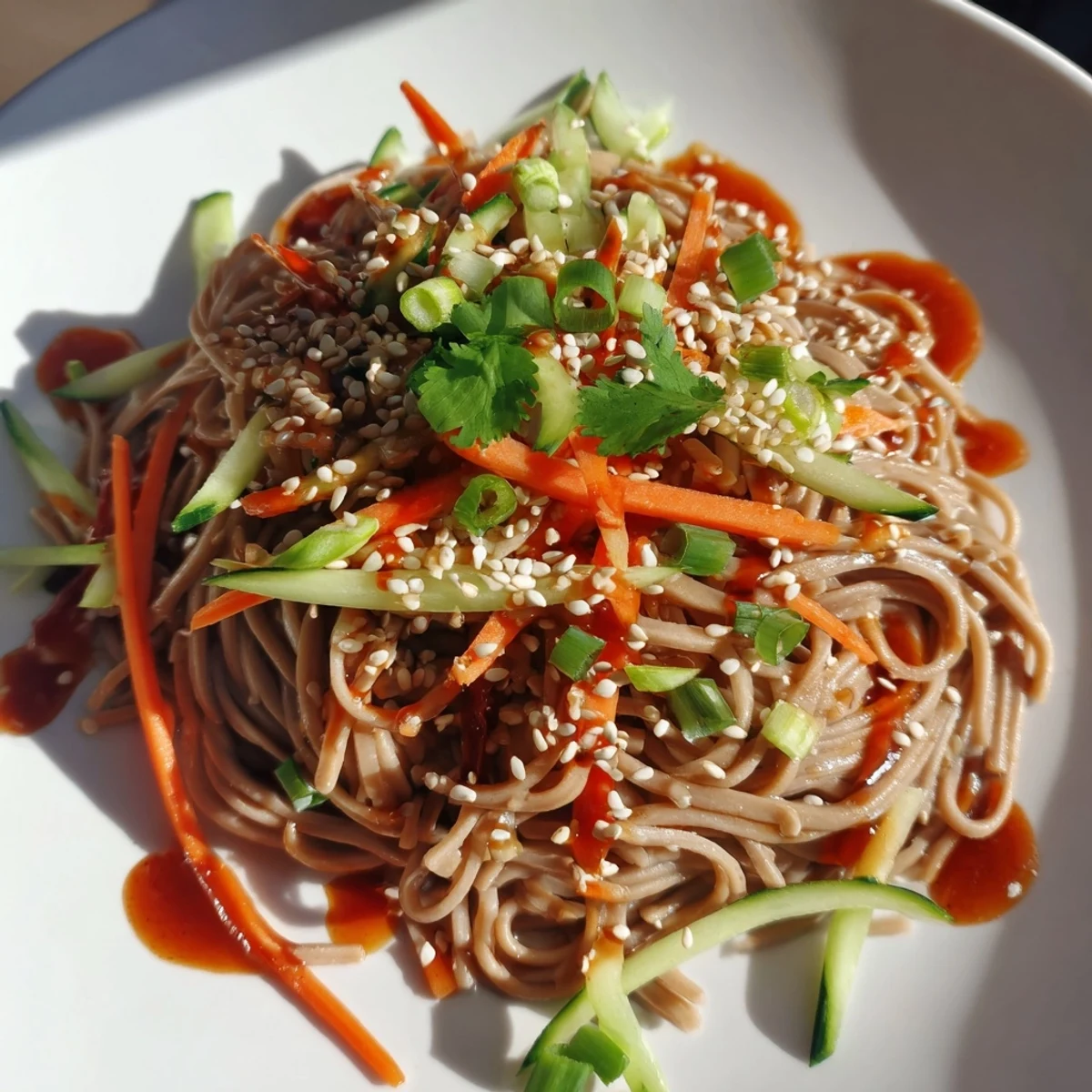 Top-down view of chilled noodle lunch cups with noodles, colorful veggies, and sesame seeds.